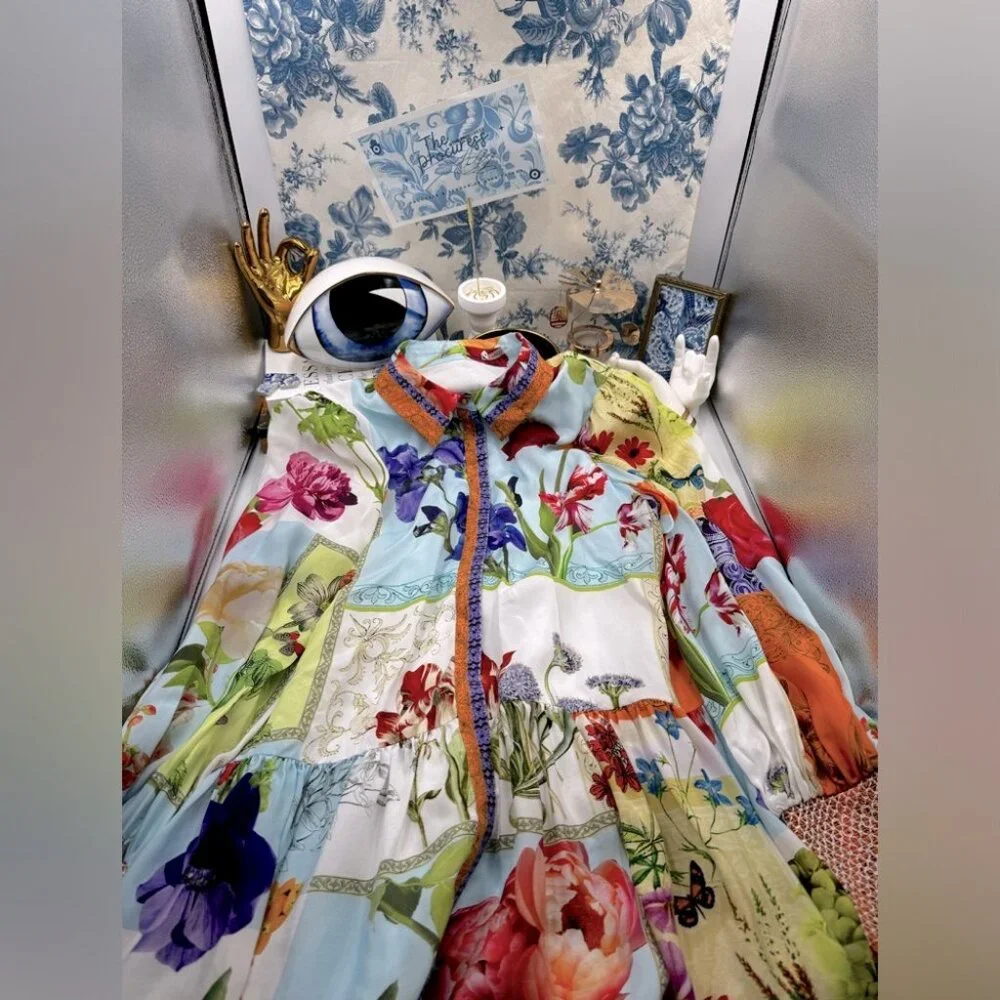🆕 ALICE + OLIVIA 🧿 NWOT Bertha Floral Blouson Puff Sleeve Shirt Dress - Sz L_2